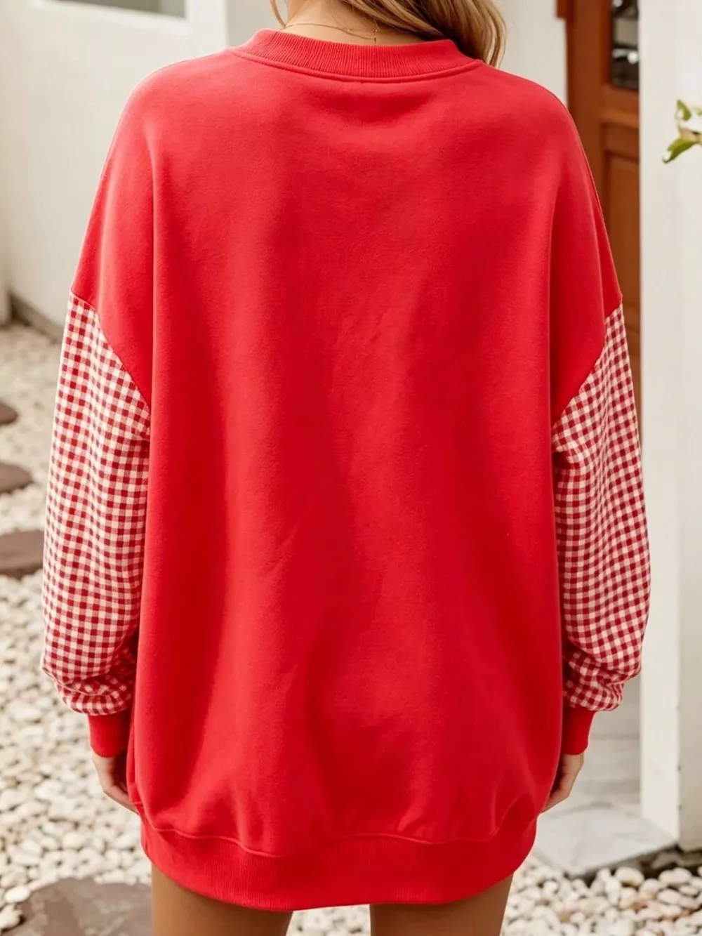 Christmas-Themed Contrast Gingham Long Sleeve Sweatshirt, image 6