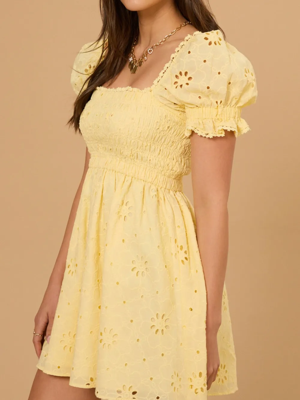 Eyelet Puff Sleeve Smocked Mini Dress, image 3