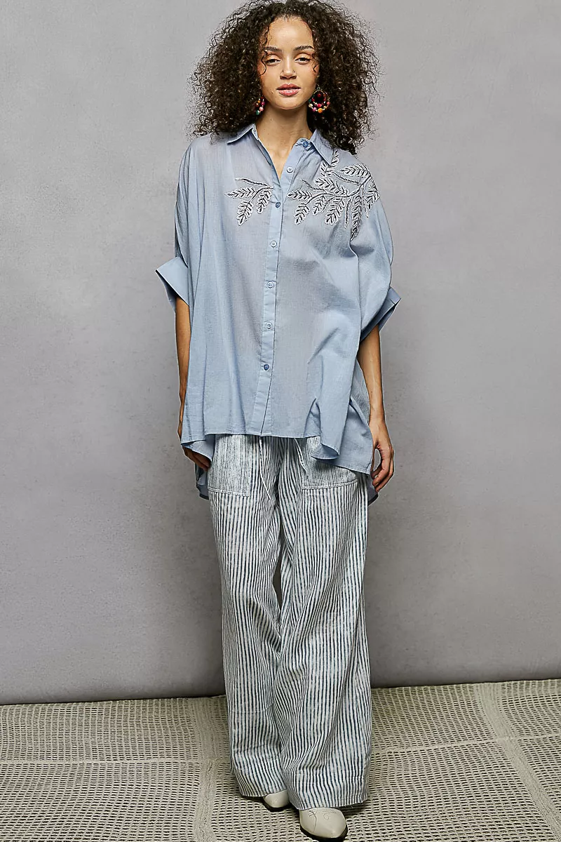 Button Down Embroidered Floral High-Low Hem Shirt, image 5