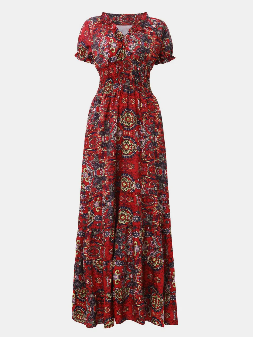 Full Size Smocked Printed V-Neck Short Sleeve Dress, image 2