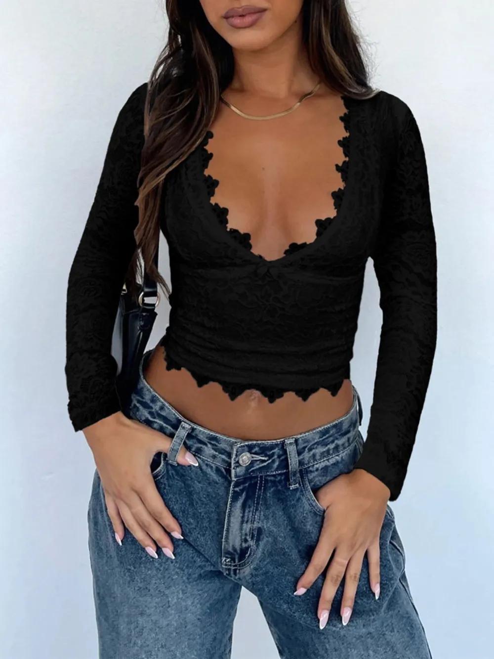 V-Neck Long Sleeve Lace Top, image 12