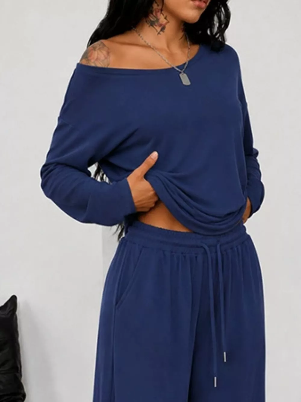 Full Size One-Shoulder Top and Drawstring Pants Set Plus Size, image 5