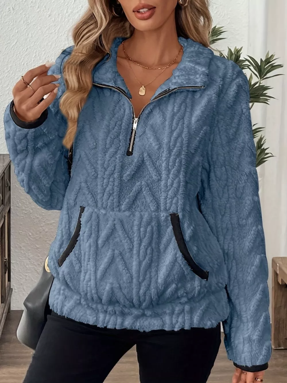 Full Size Half Zip Kangaroo Pocket Sweatshirt Plus Size, image 4