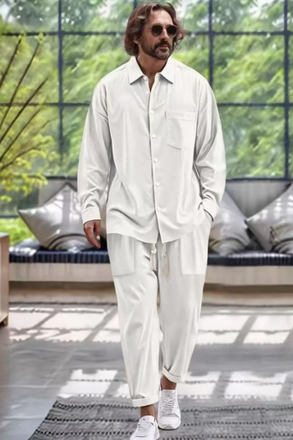Men's Collared Neck Long Sleeve Top and Pants Set Plus Size, image 4