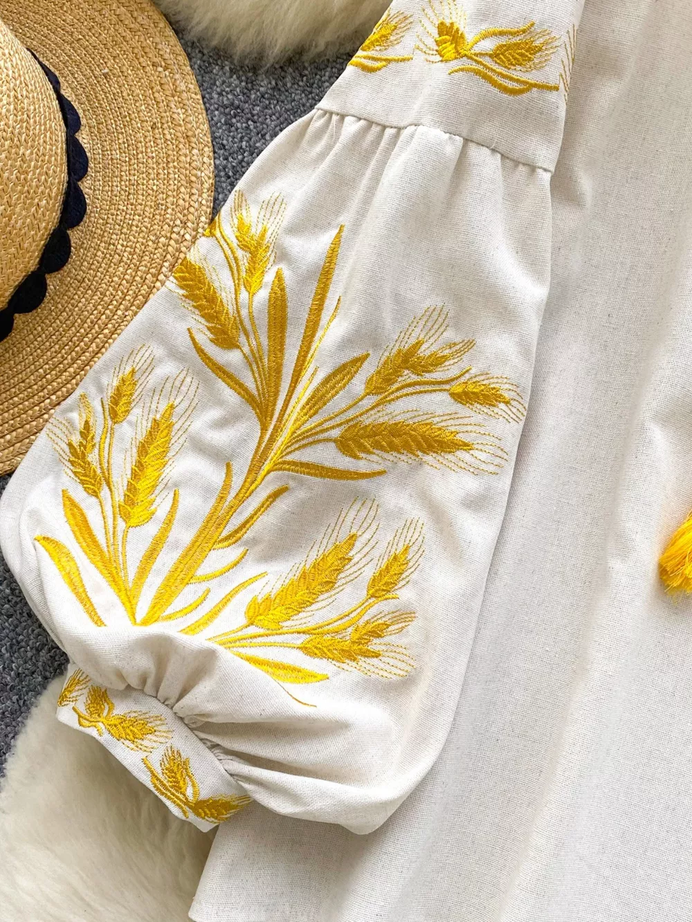 Embroidered Wheat Pattern Tie Neck Blouse, image 3