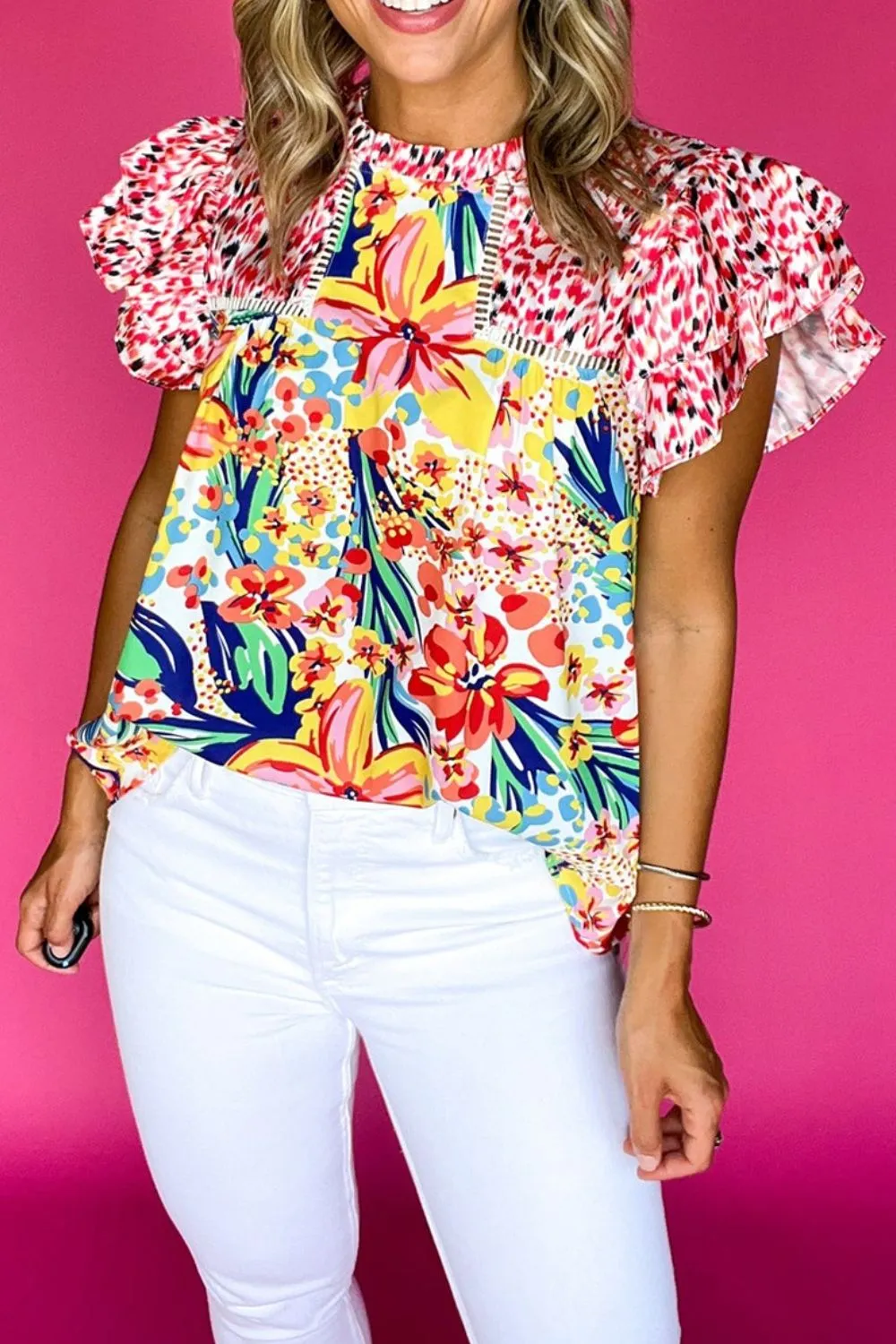 Printed Round Neck Cap Sleeve Blouse, image 2