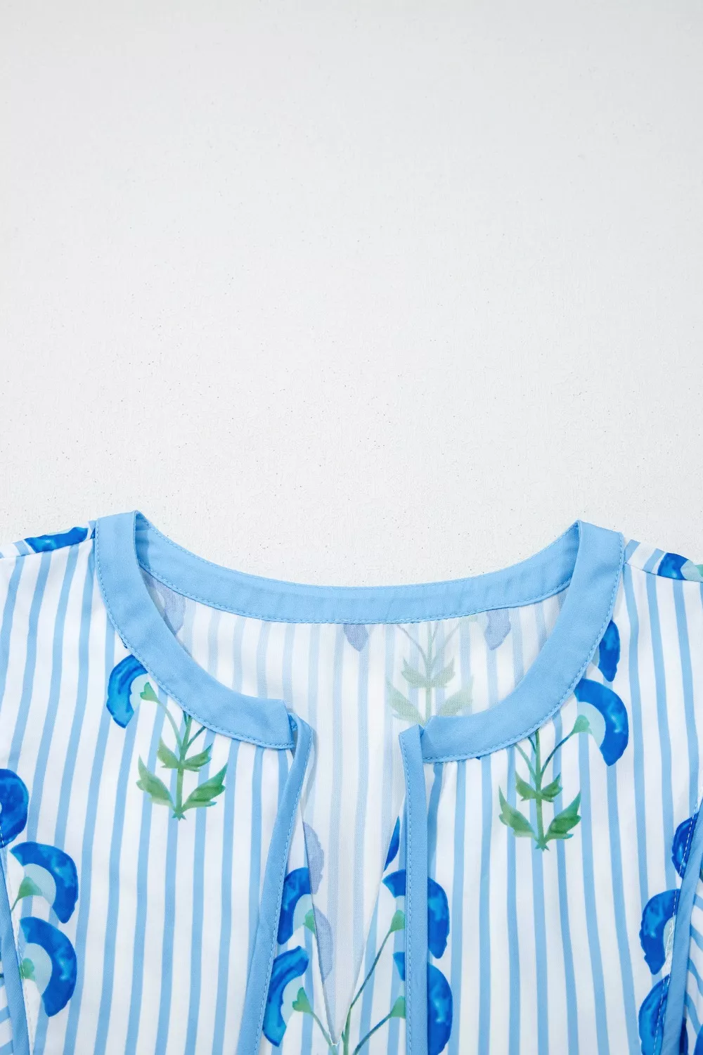 Floral Striped Print Tie Notched Neck Puff Sleeve Flared Mini Dress, image 6
