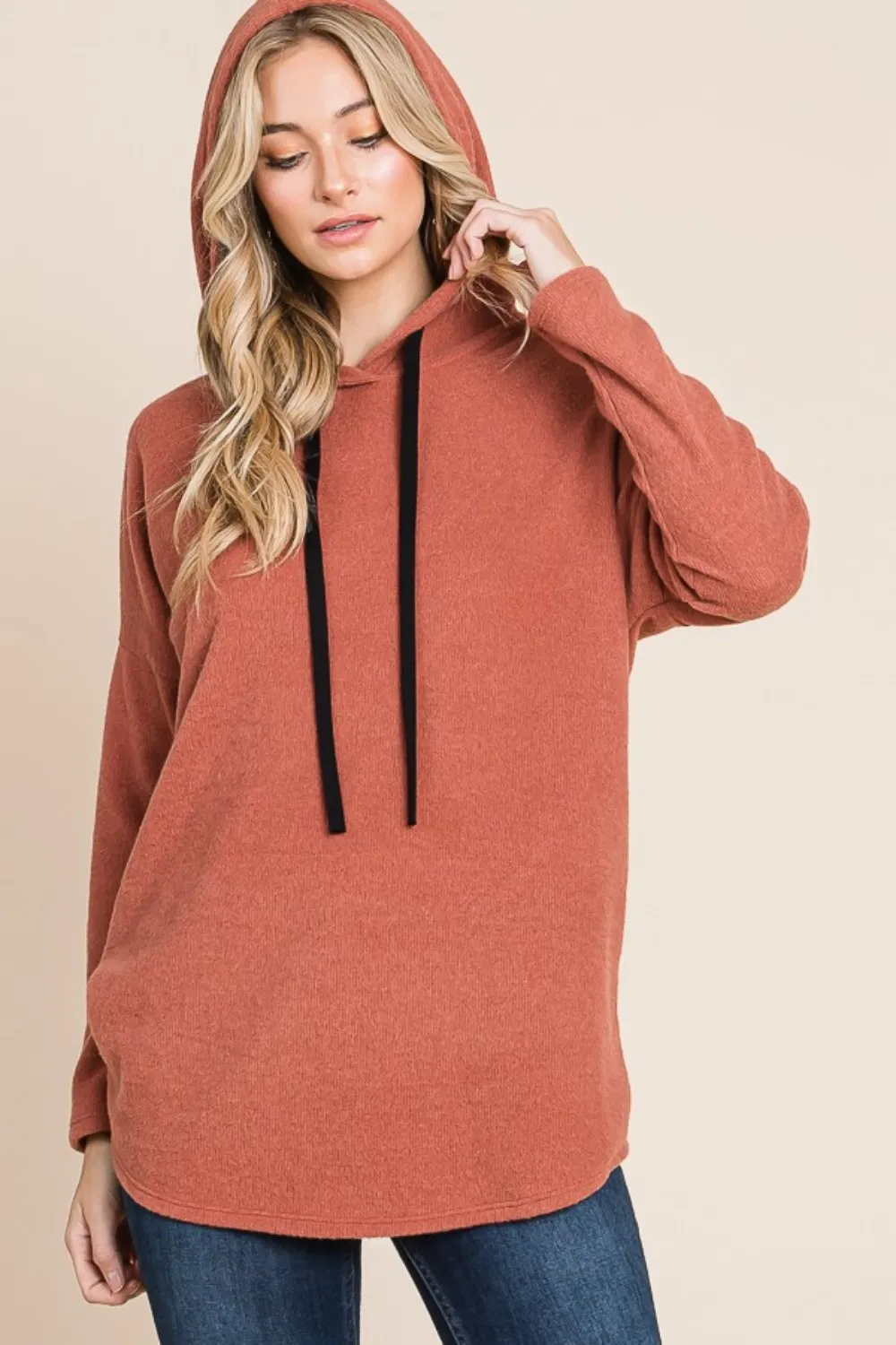 Contrast Drawstring Drop Shoulder Knit Hoodie, image 2