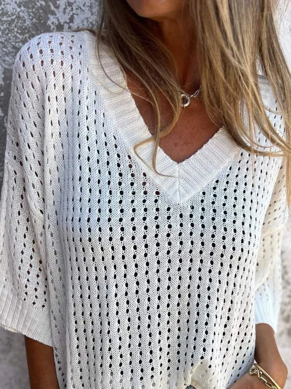 Full Size Openwork V-Neck Knit Cover Up Plus Size, image 2