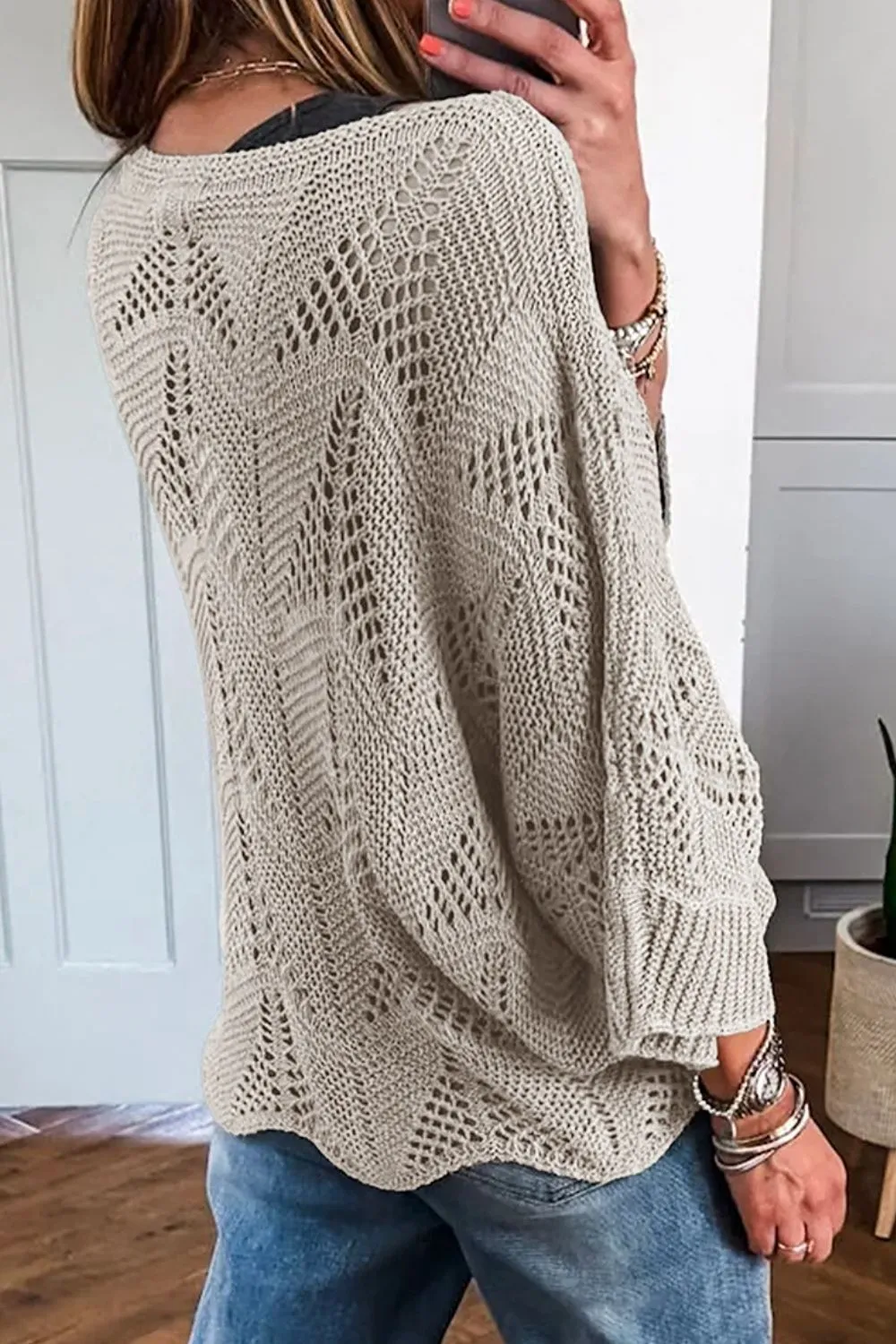 Openwork Round Neck Knit Top, image 2