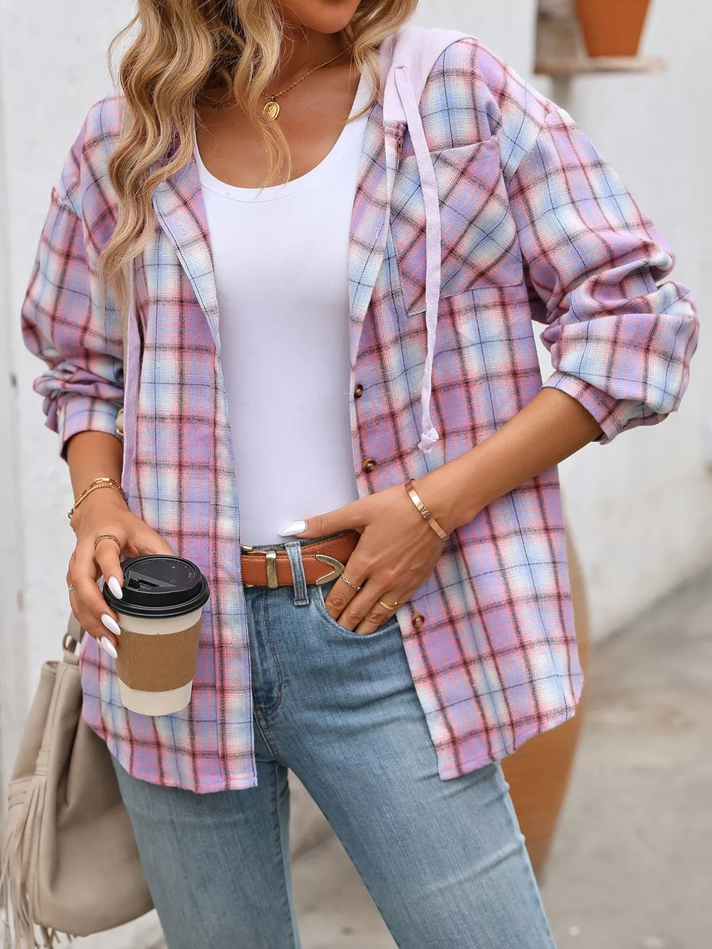 Plaid Button-Up Hooded Shirt with Chest Pocket, image 3