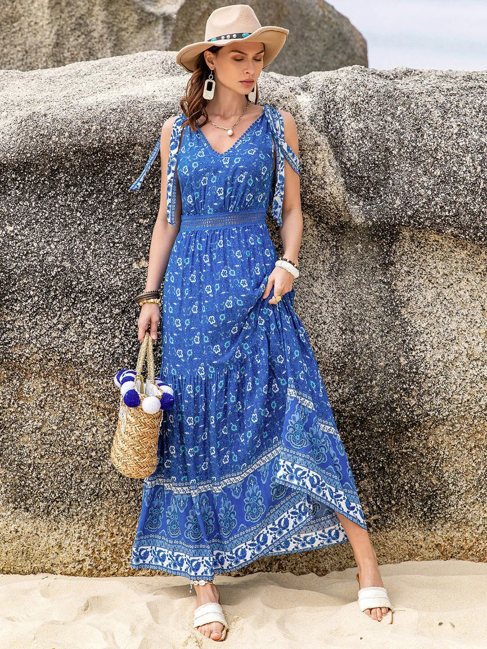 Printed V-Neck Tie Shoulder Dress, image 2