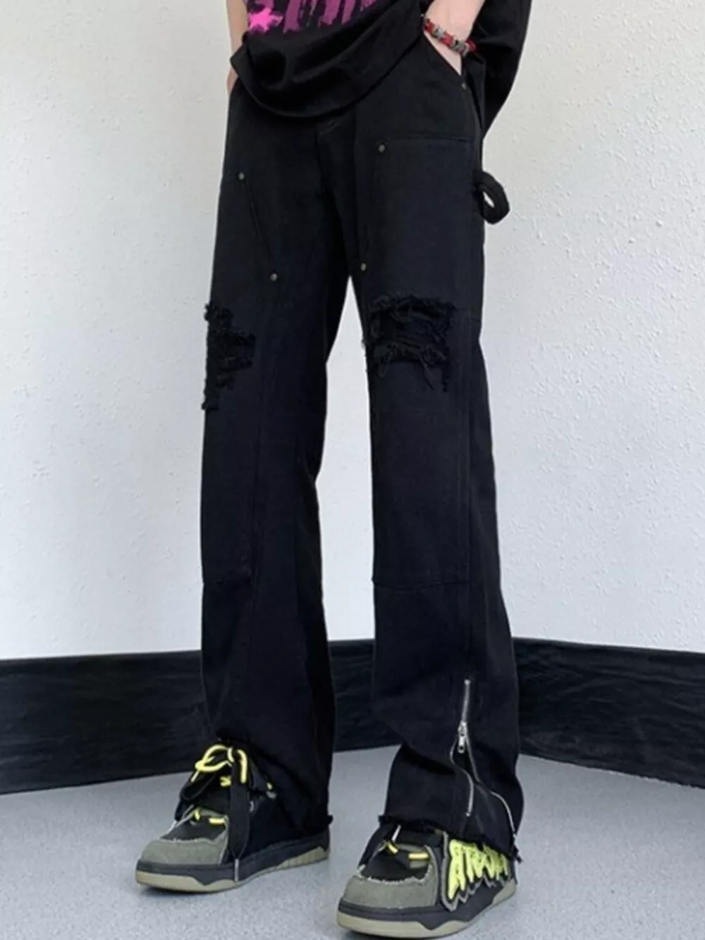 Men's Distressed Raw Hem Wide Leg Jeans, image 6