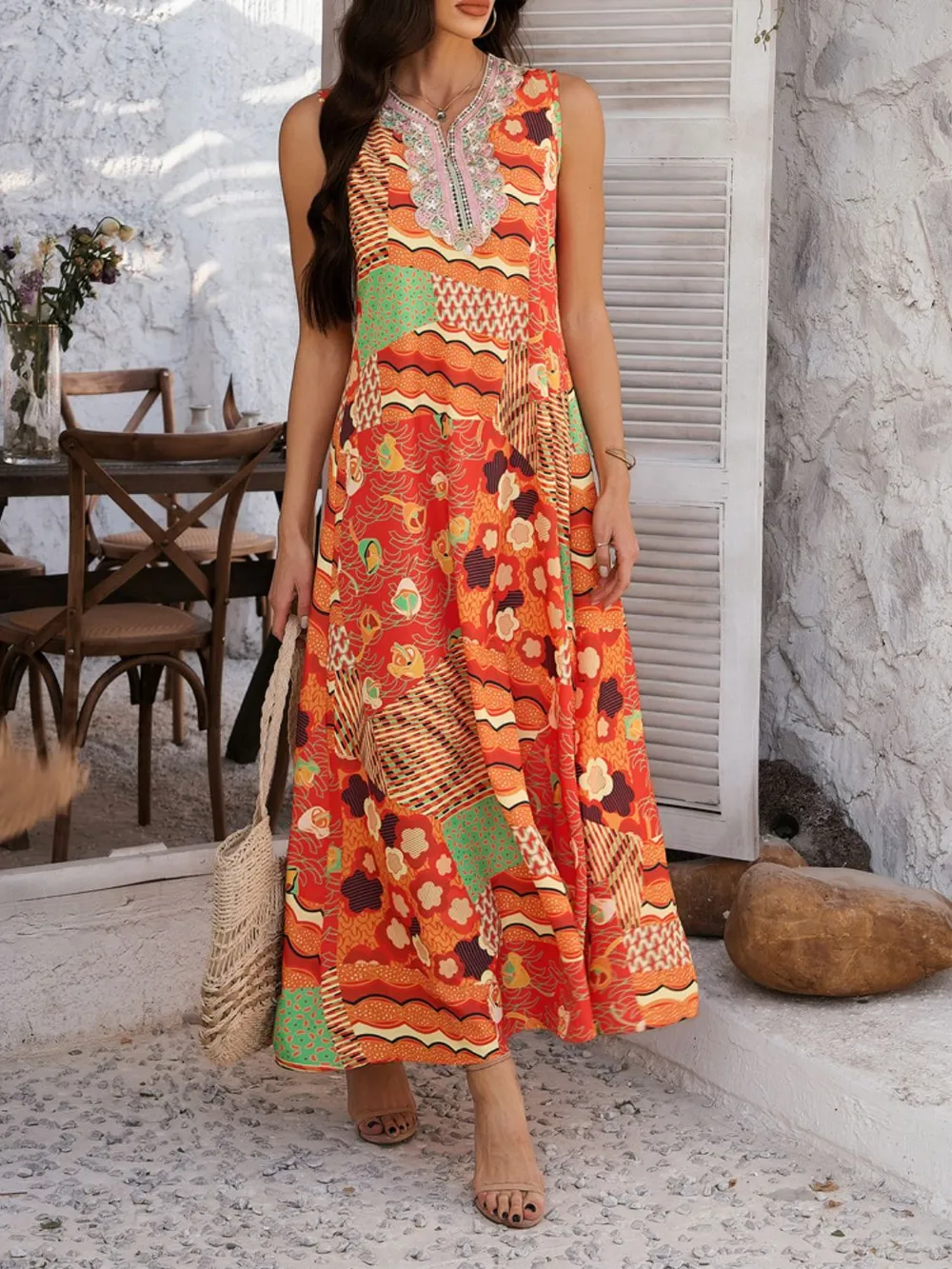 Printed Sleeveless Maxi Dress, image 2