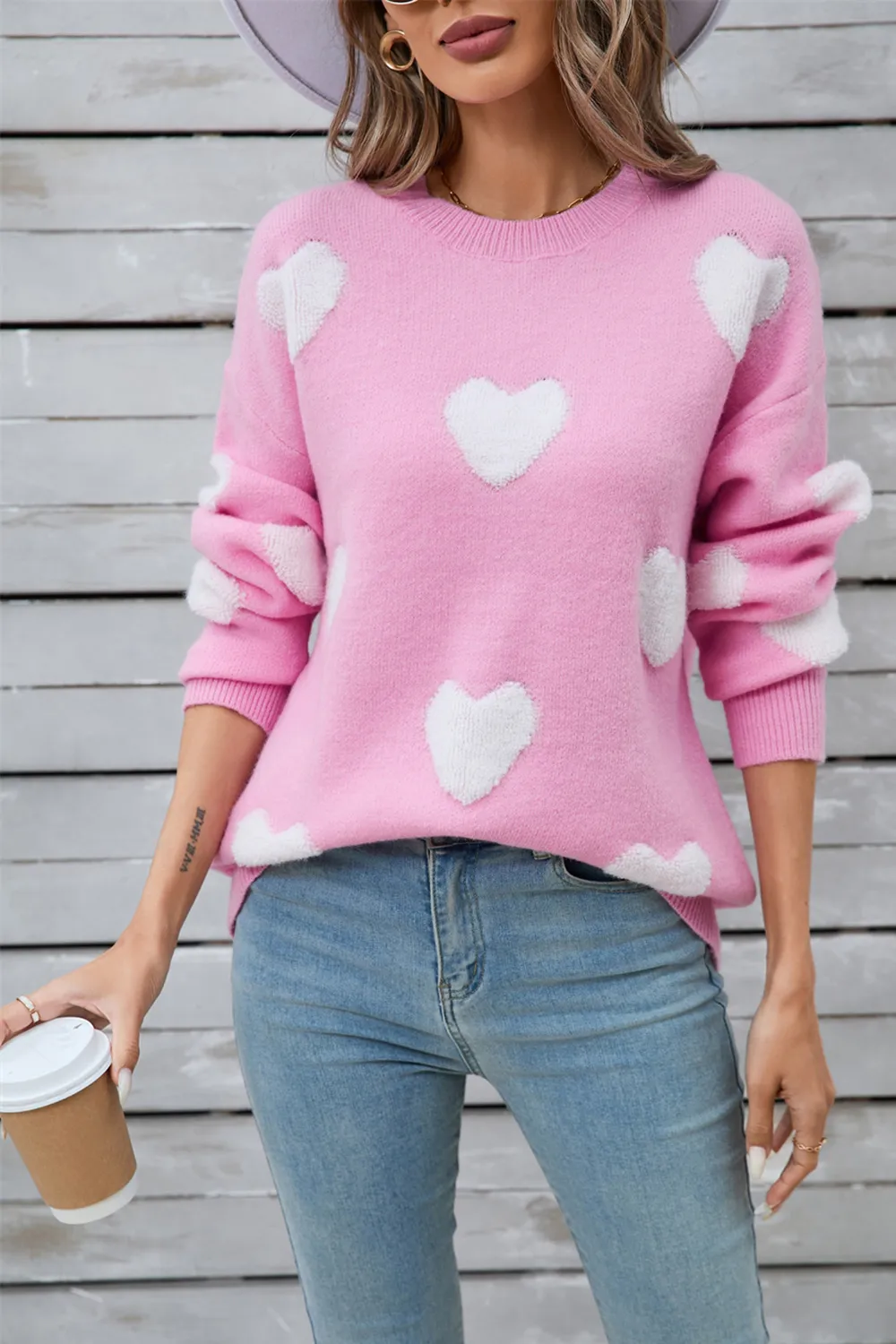 Heart Round Neck Long Sleeve Sweater, image 7