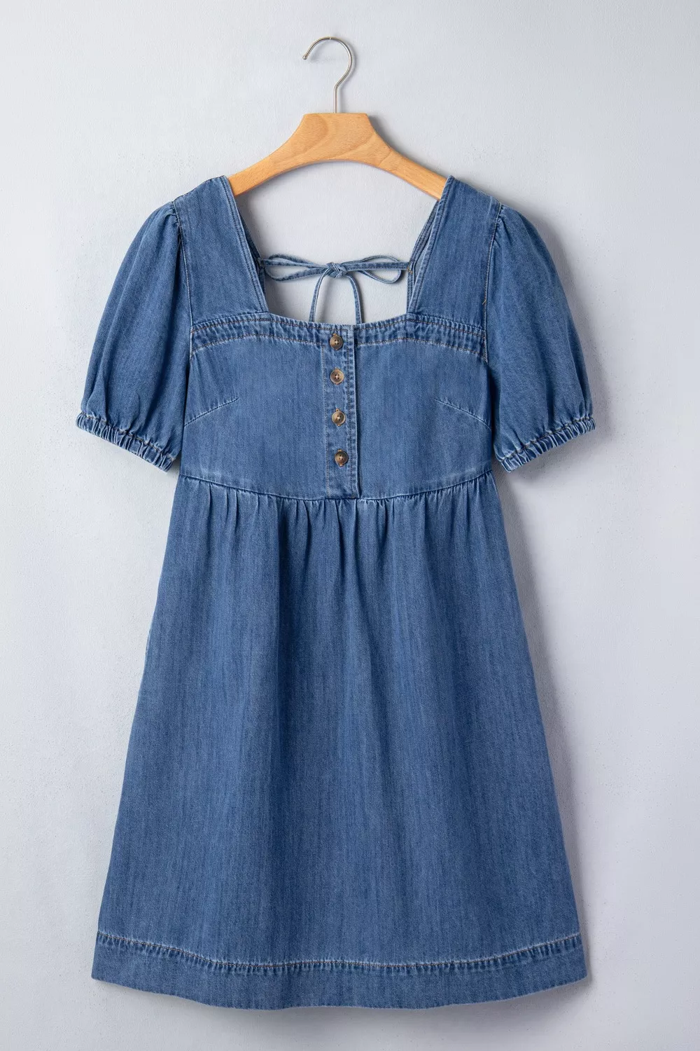 Button-Front Puff Sleeve Denim Dress, image 4