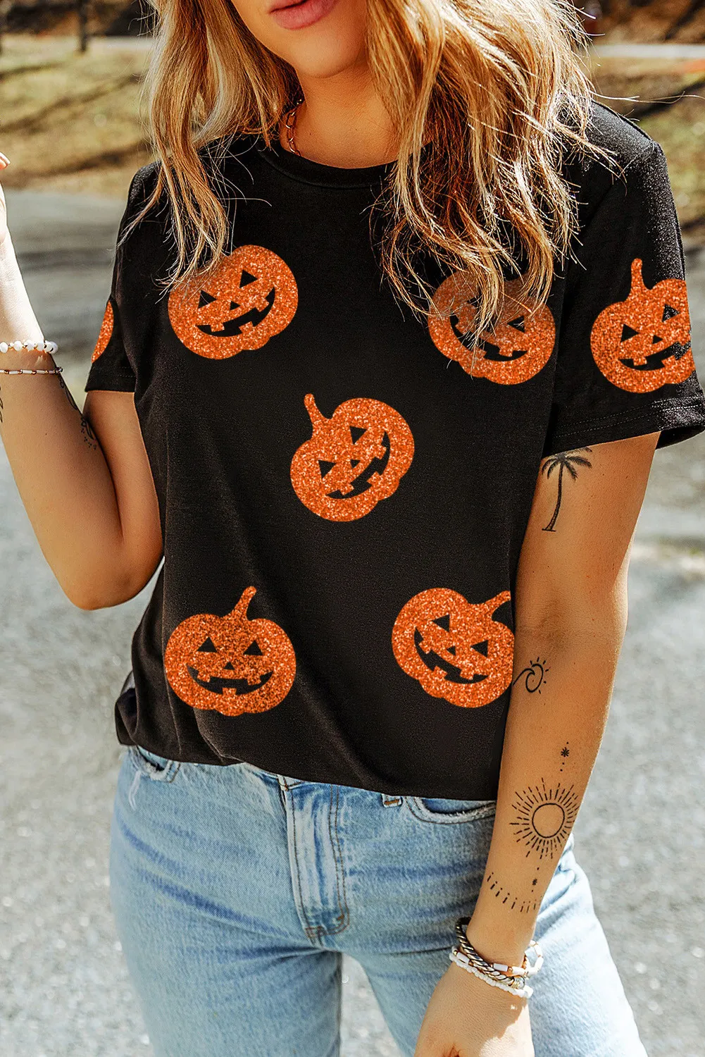 Full Size Glitter Jack-O'-Lantern Round Neck Short Sleeve T-Shirt, image 2