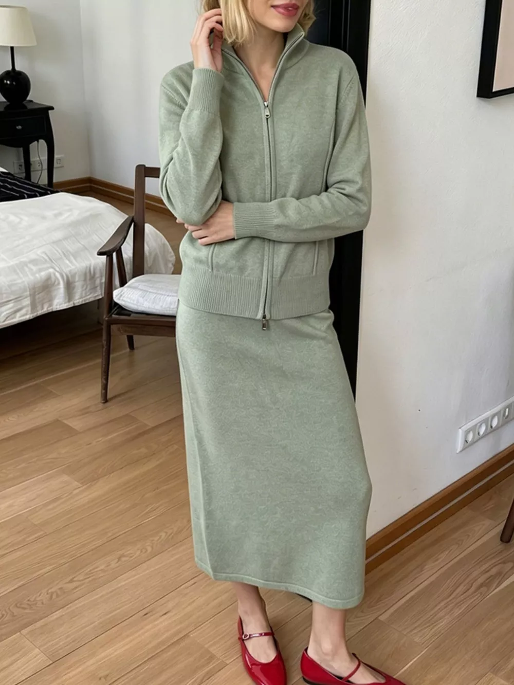 Zip-Up Mock Neck Cardigan and Matching Midi Skirt Sweater Set, image 13