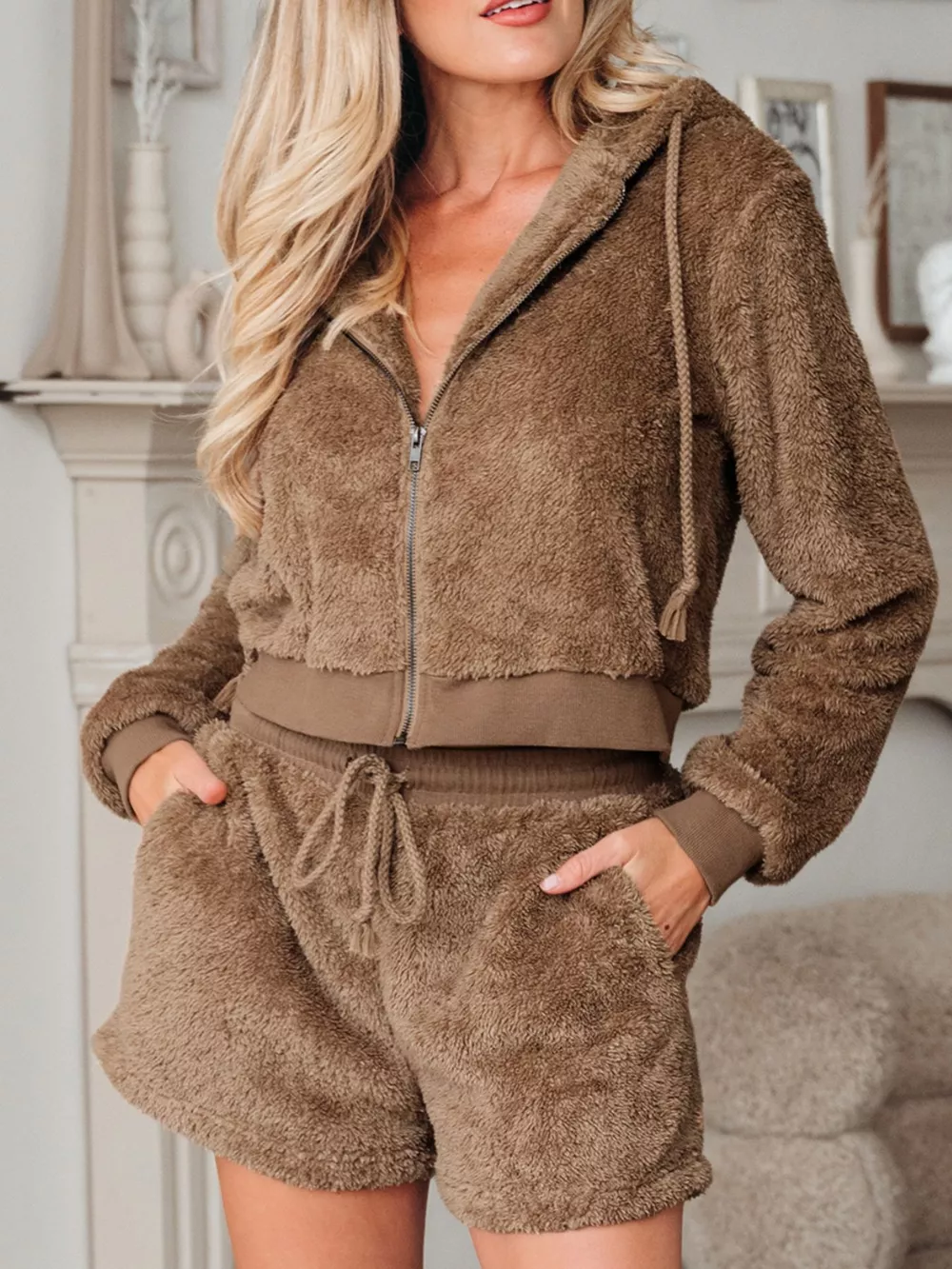 Zip Up Hoodie and Drawstring Shorts 2pcs Outfit, image 3