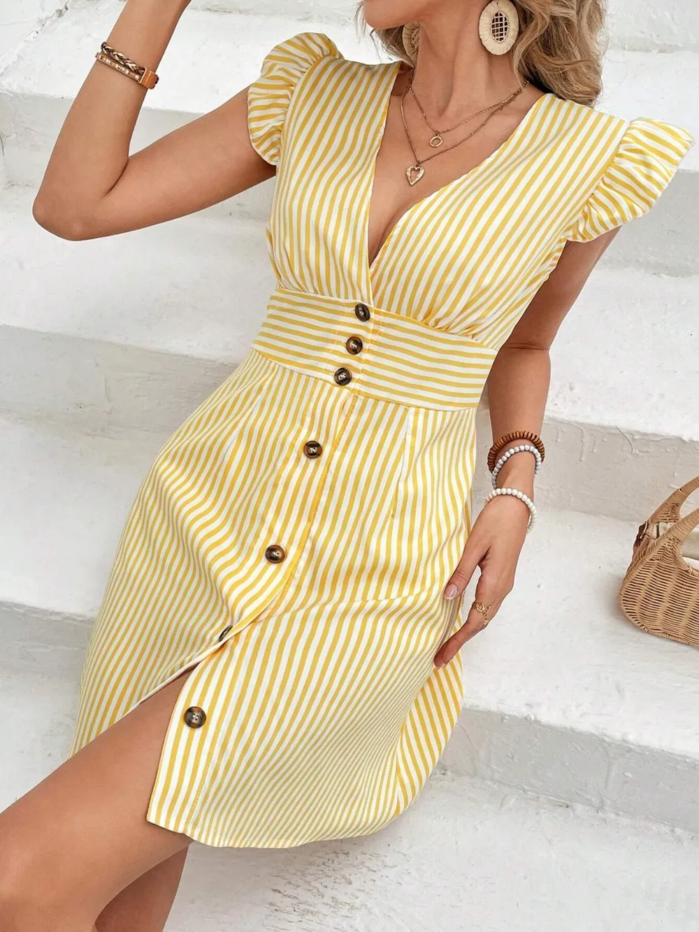 Striped Button Front Cap Sleeve Dress, image 2