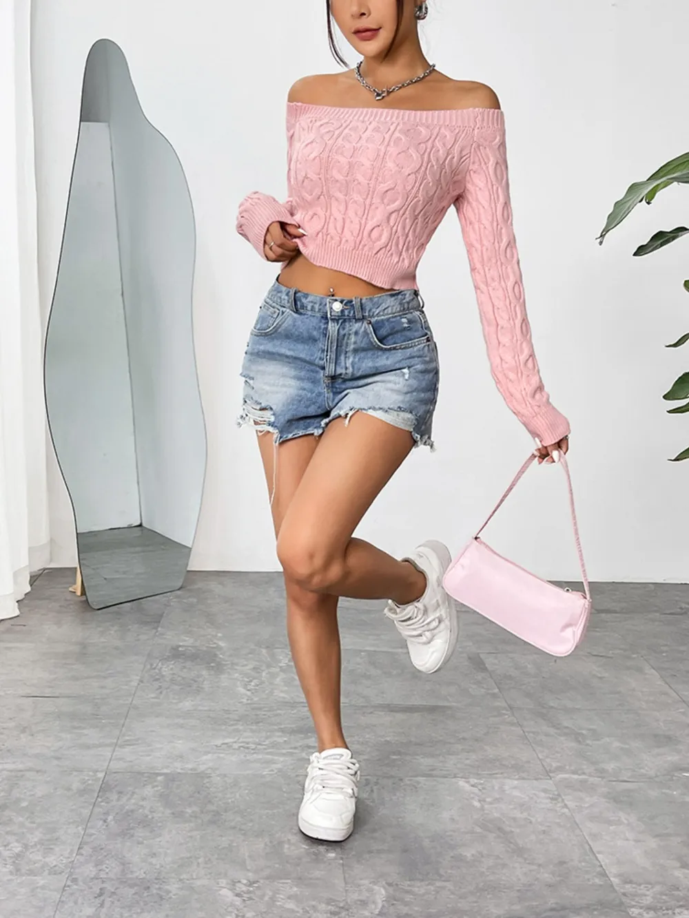 Cable-Knit Off-Shoulder Long Sleeve Knit Top, image 6