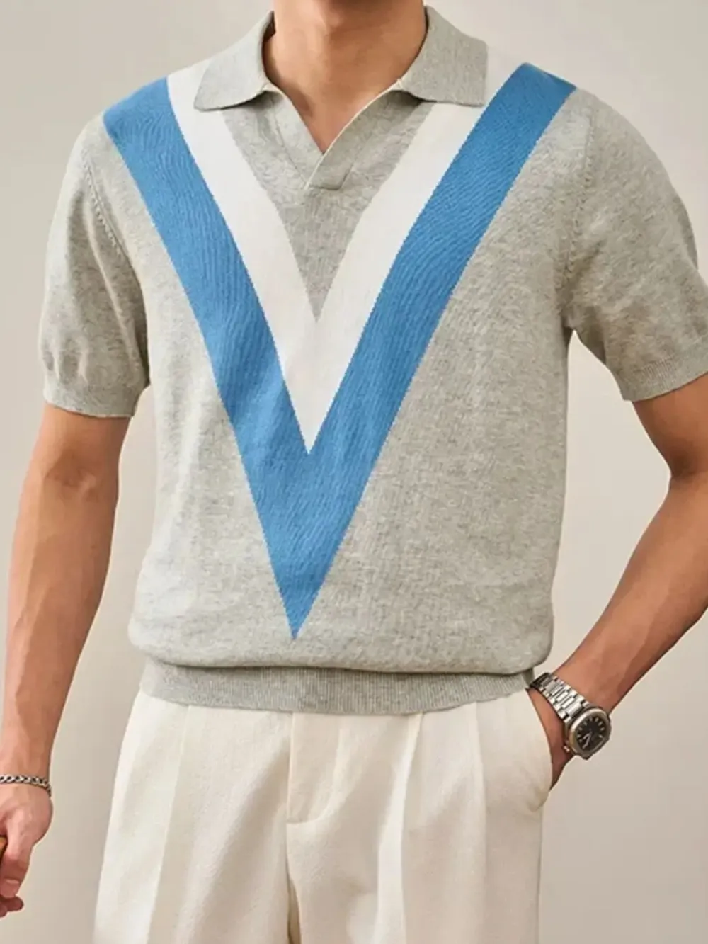 Men's Plus Size V-Pattern Contrast Knit Polo Shirt, image 13