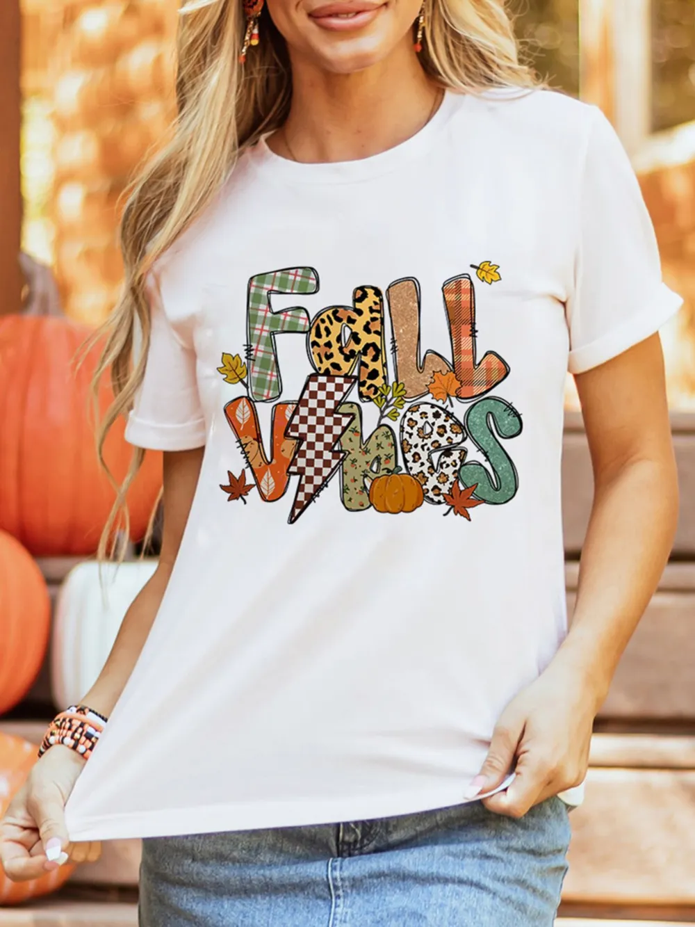 FALL VIBES Cotton Blend Casual T Shirt, image 2