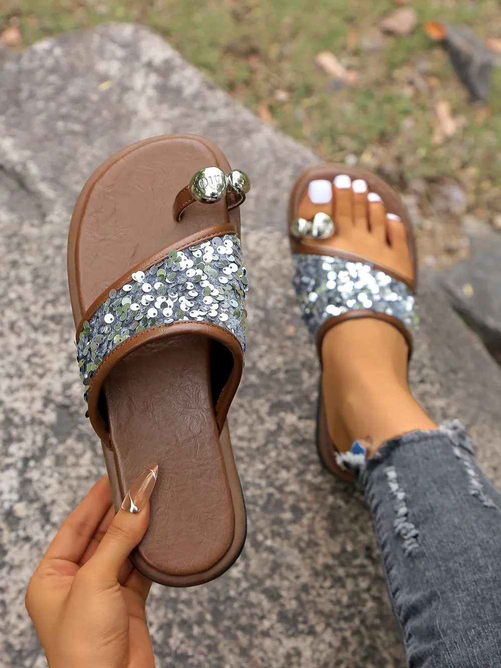 Sequin Toe Loop Flats Sandals, image 6