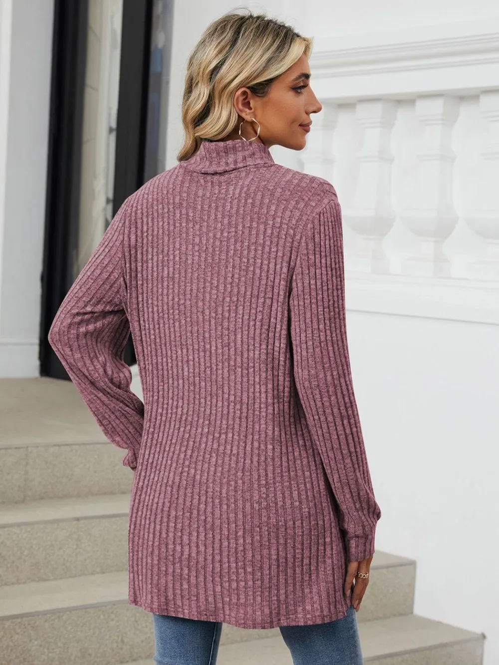 Ribbed Mock Neck Long Sleeve T-Shirt, image 3
