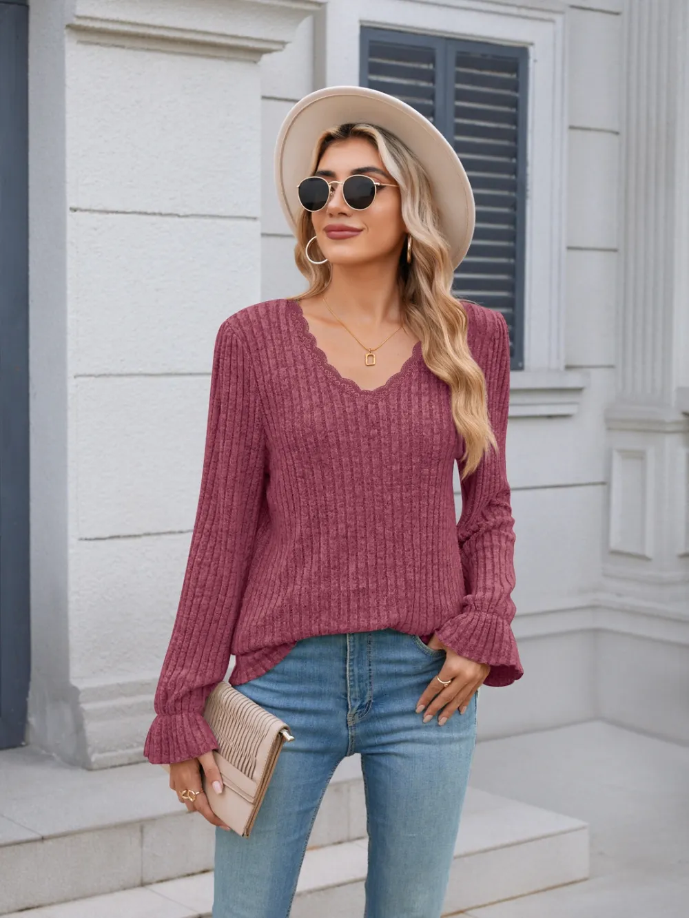 Lace Detail V-Neck Long Sleeve T-Shirt, image 35