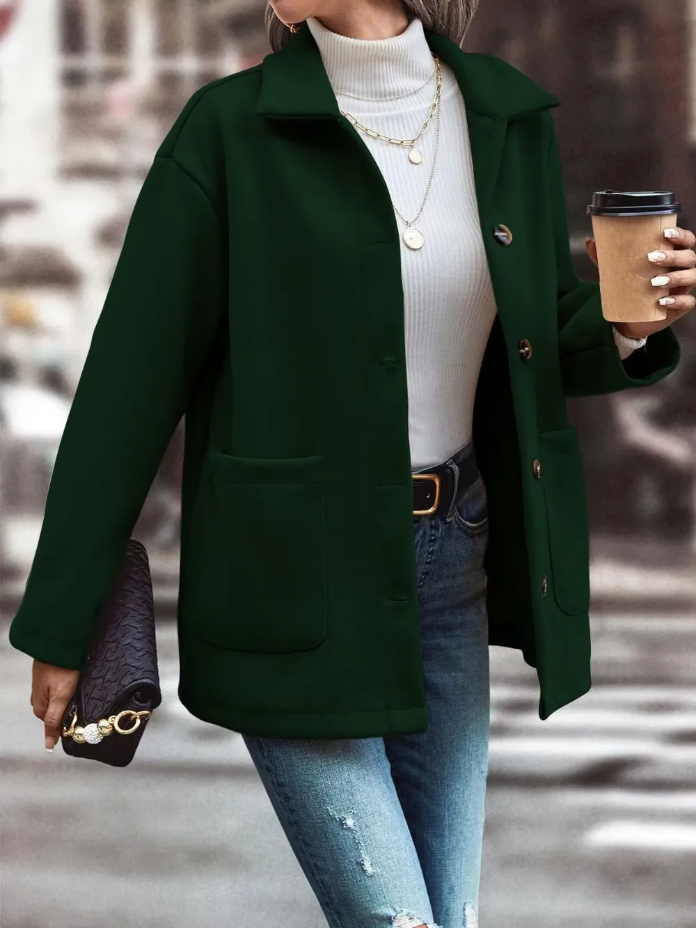 Pocketed Collared Neck Button Up Jacket, image 3