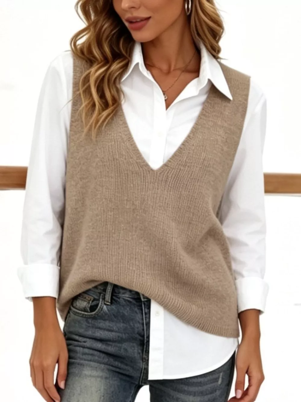 Full Size Chic V-Neck Sleeveless Knit Sweater Vest Plus Size, image 6