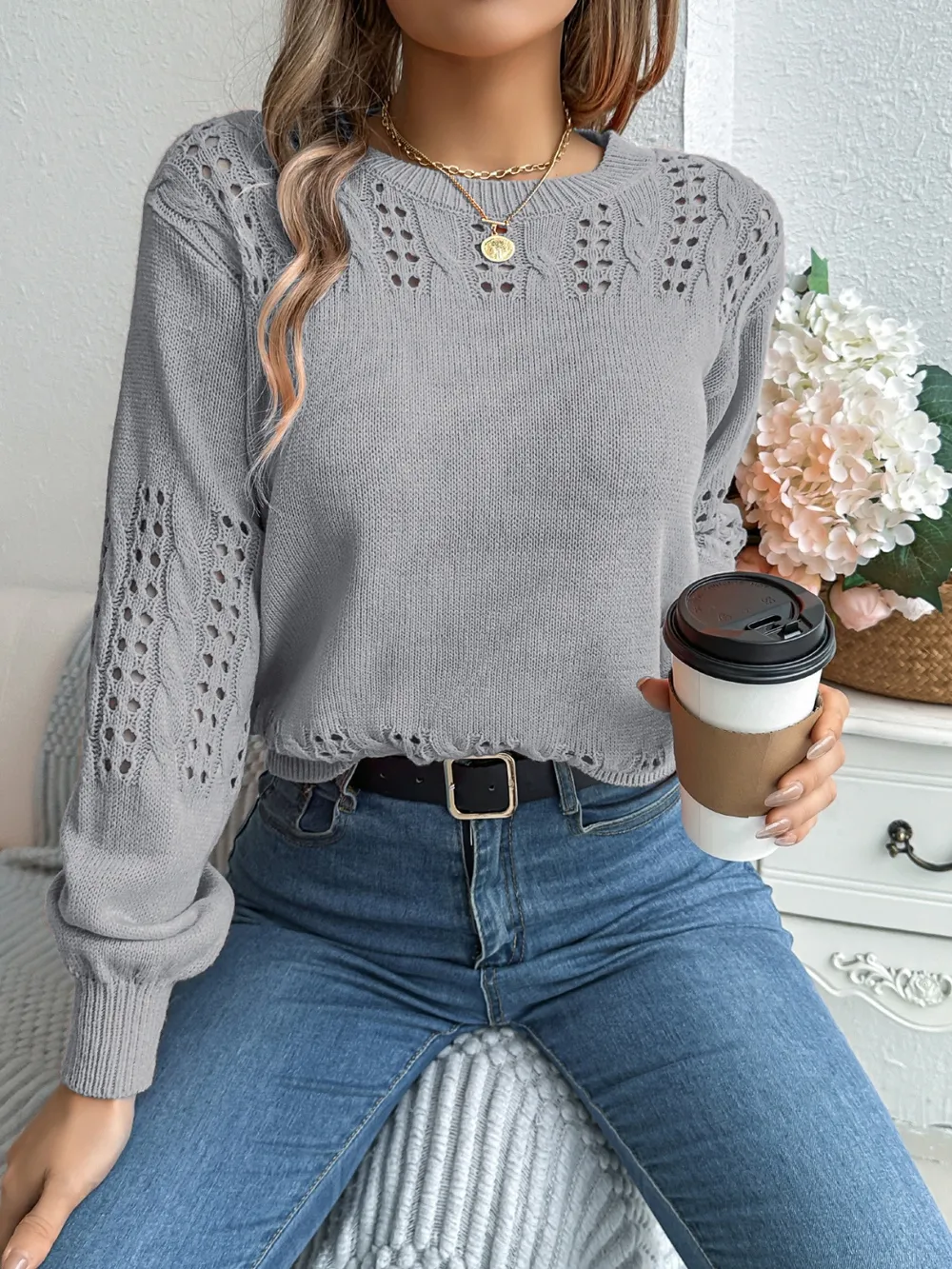 Openwork Round Neck Long Sleeve Sweater, image 3