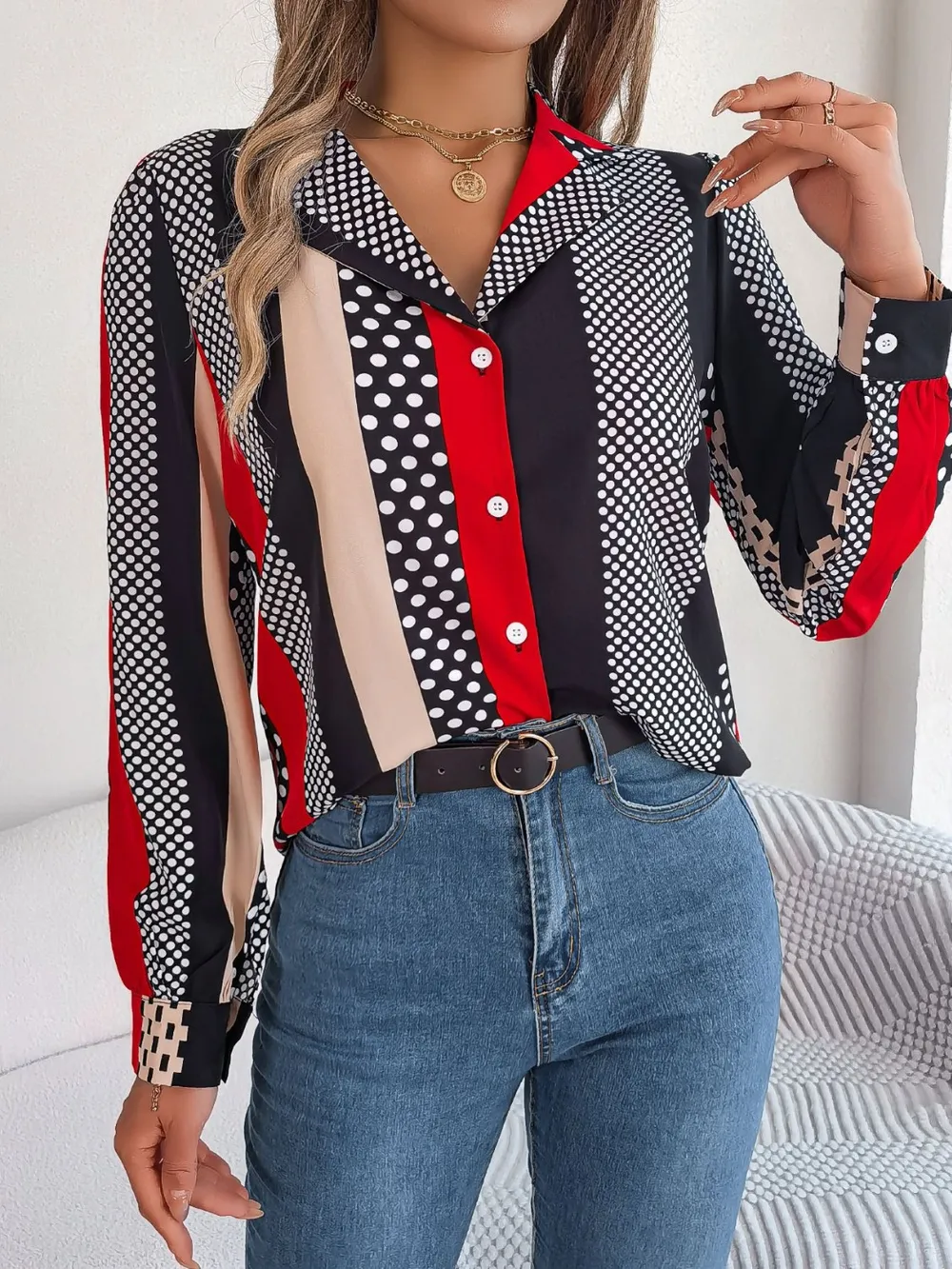 Polka Dot Contrast Long Sleeve Shirt, image 6