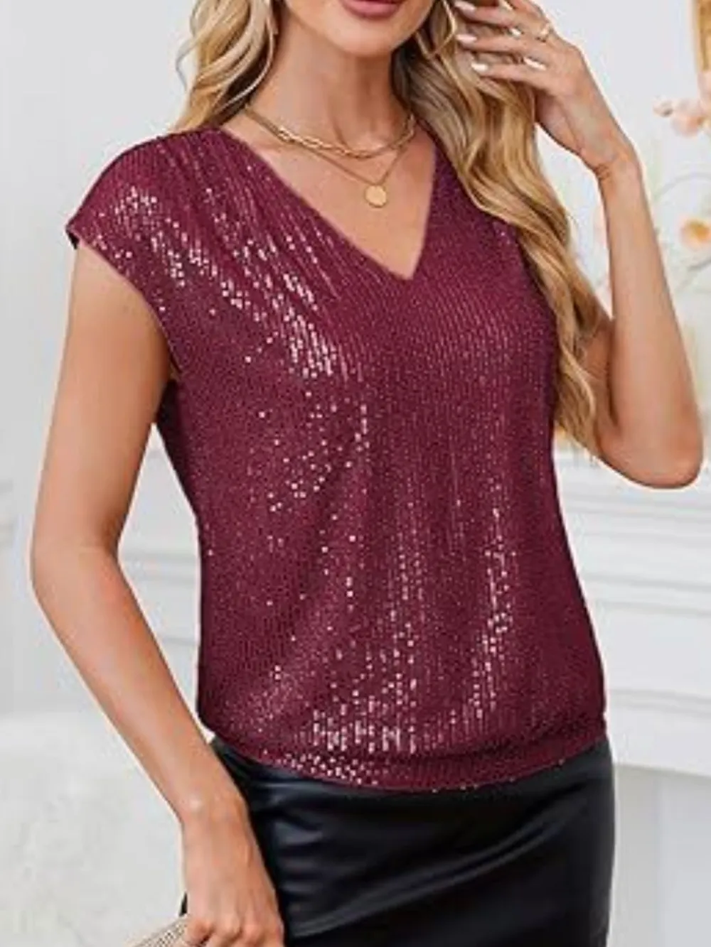 V-Neck Sequin Cap Sleeve Top, image 3