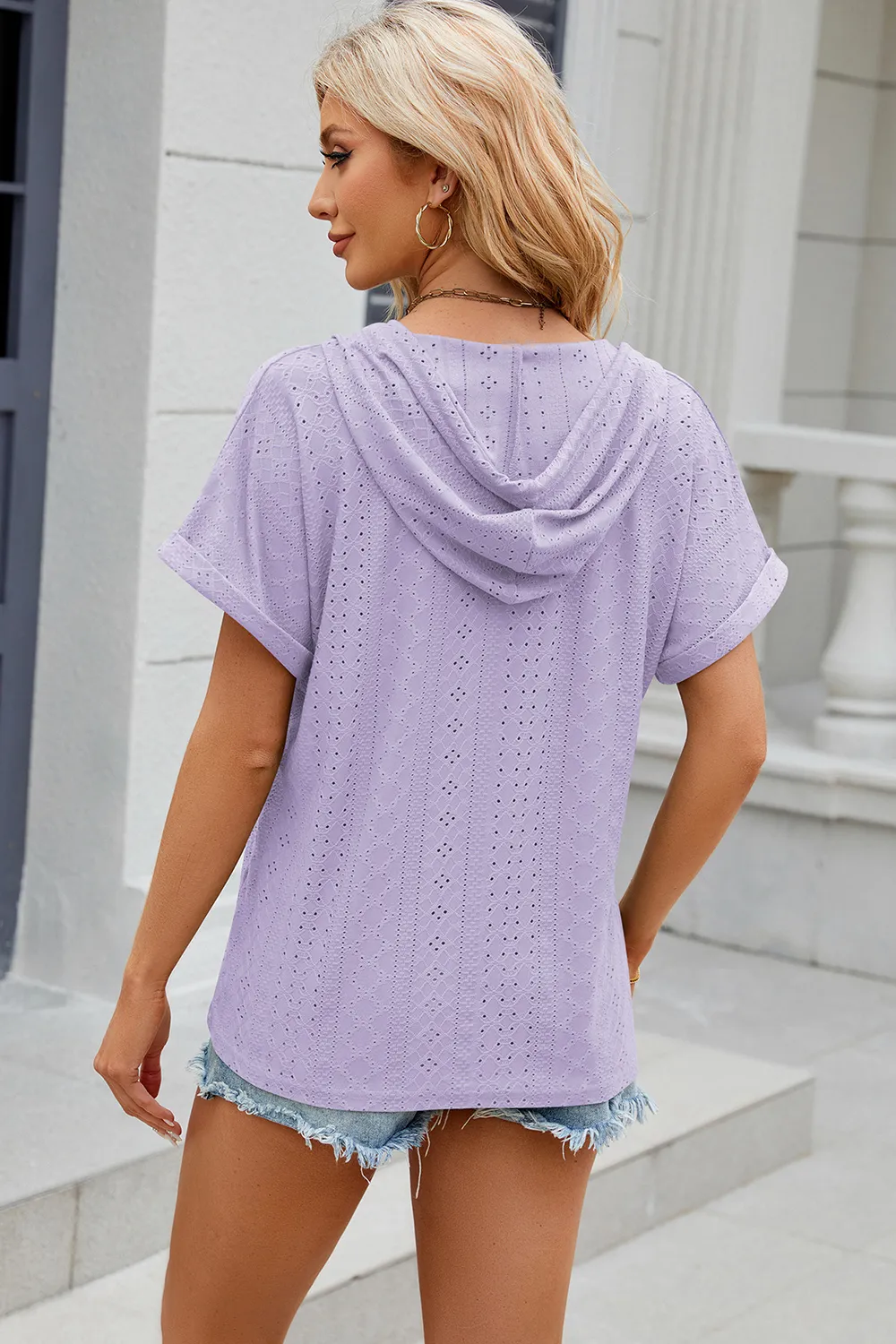 Eyelet Drawstring Hooded Short Sleeve Blouse, image 36