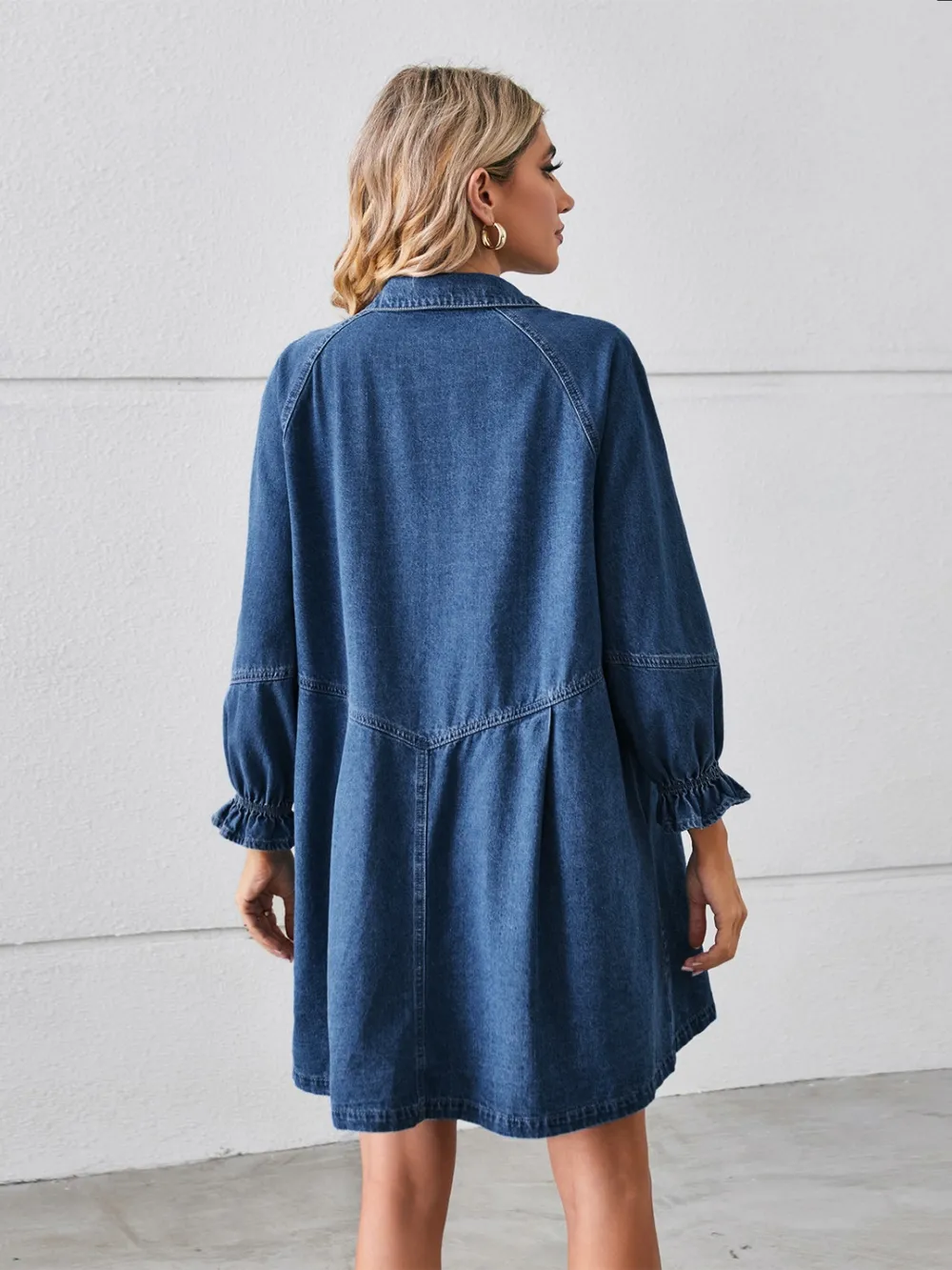 Button Up Flounce Sleeve Mini Denim Dress, image 2