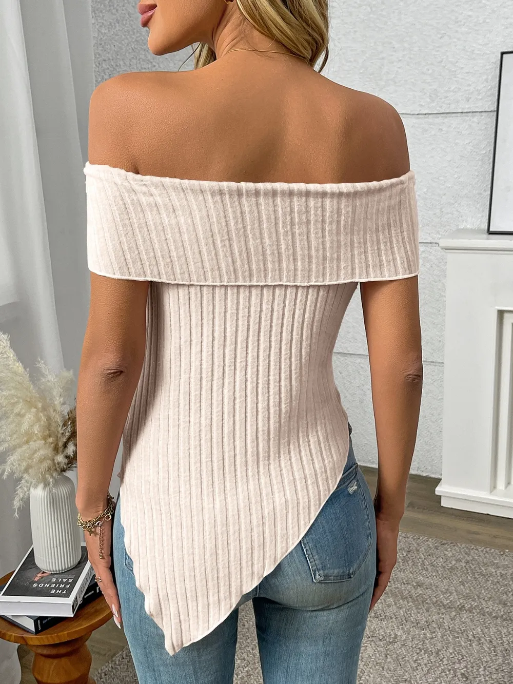 Ribbed Off-Shoulder Asymmetrical Hem T-Shirt, image 24