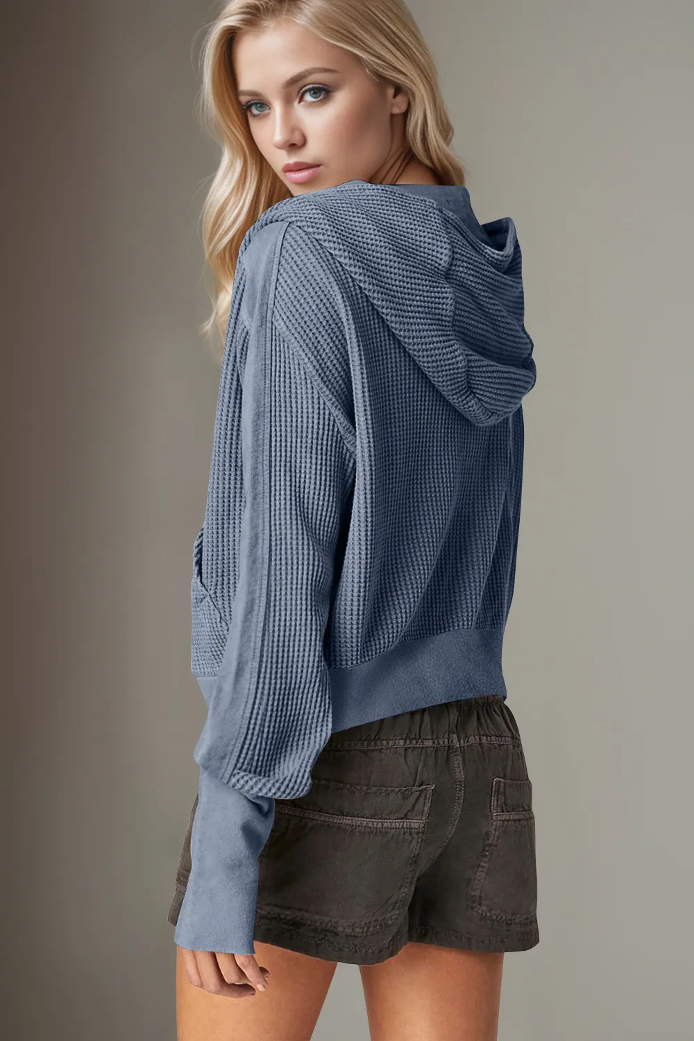 Waffle-Knit Zip Up Long Sleeve Hooded Jacket, image 2