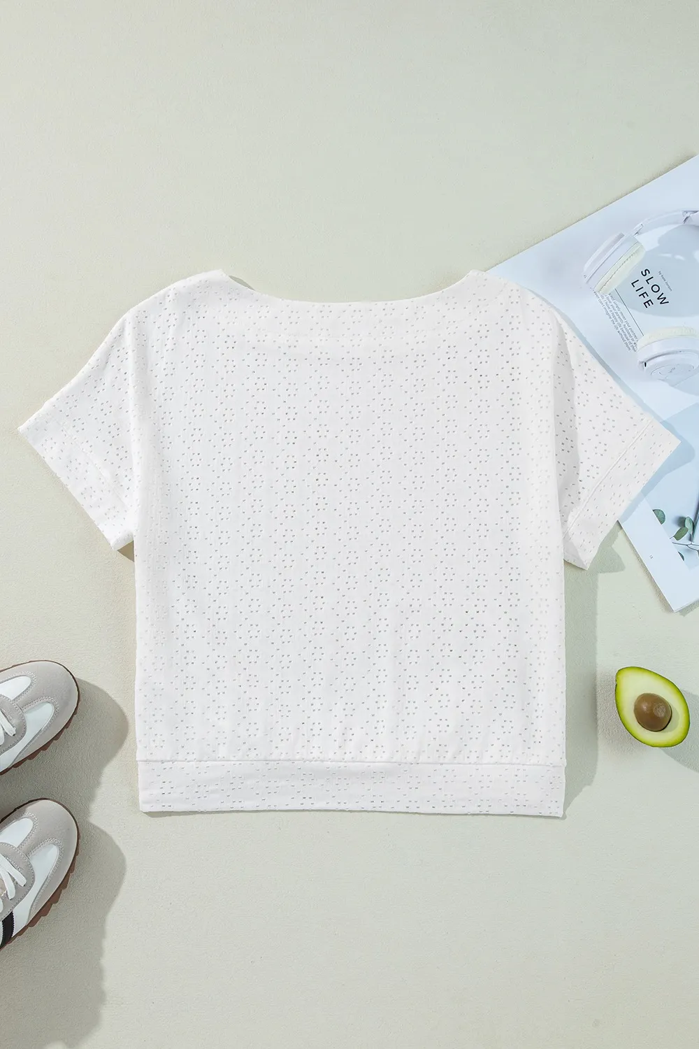 Eyelet Pattern Boat Neck Casual Tee, image 2