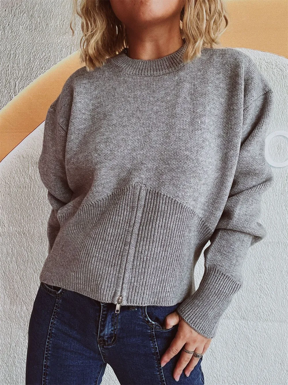 Round Neck Half Zip Long Sleeve Sweater, image 2