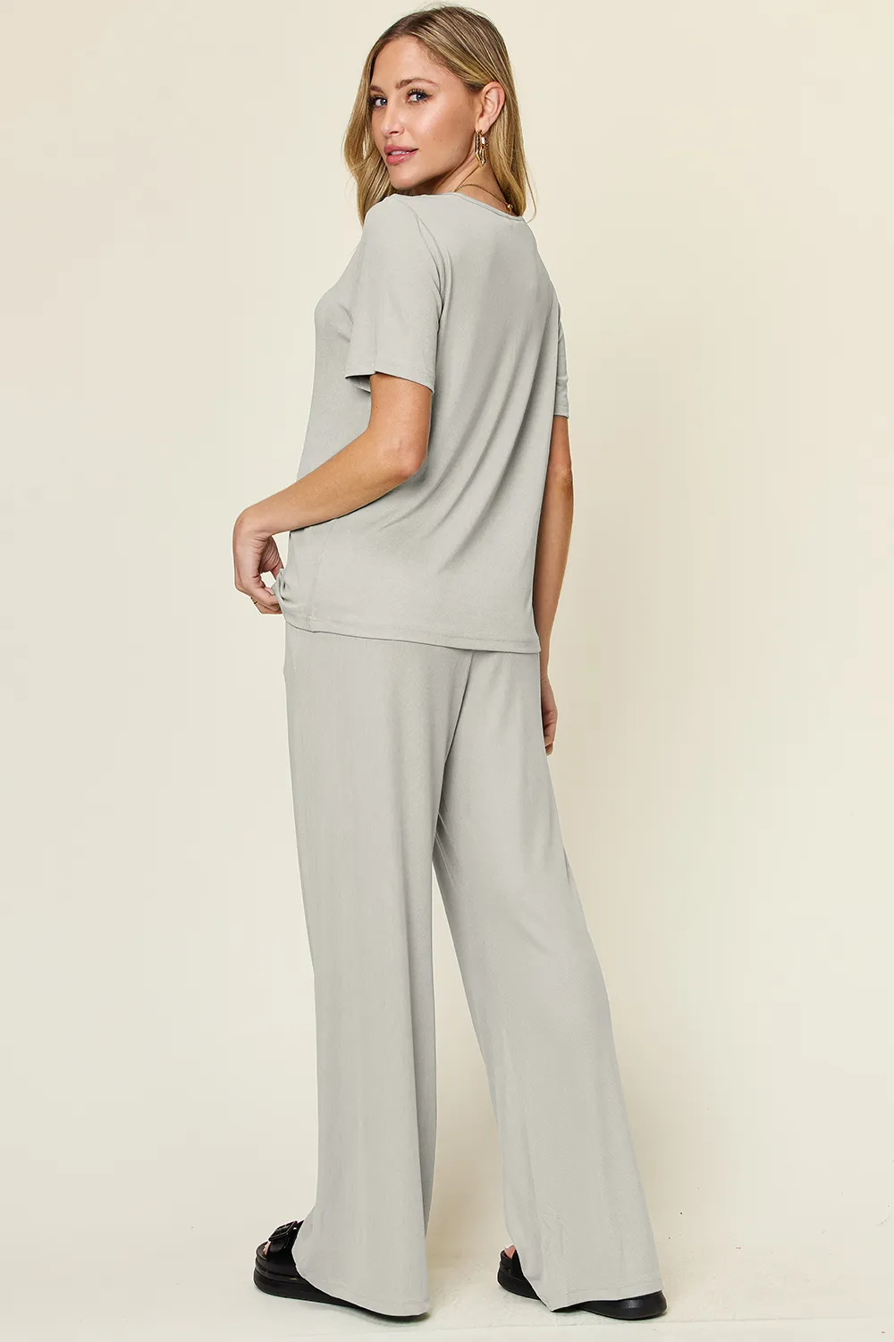Full Size Round Neck Short Sleeve T-Shirt and Wide Leg Pants Set, image 2