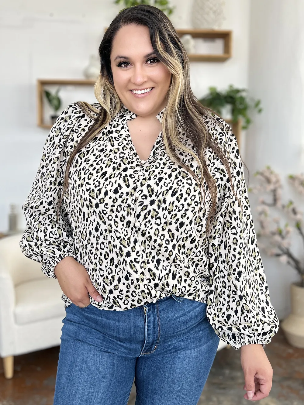 Full Size Leopard Long Sleeve Blouse, image 2