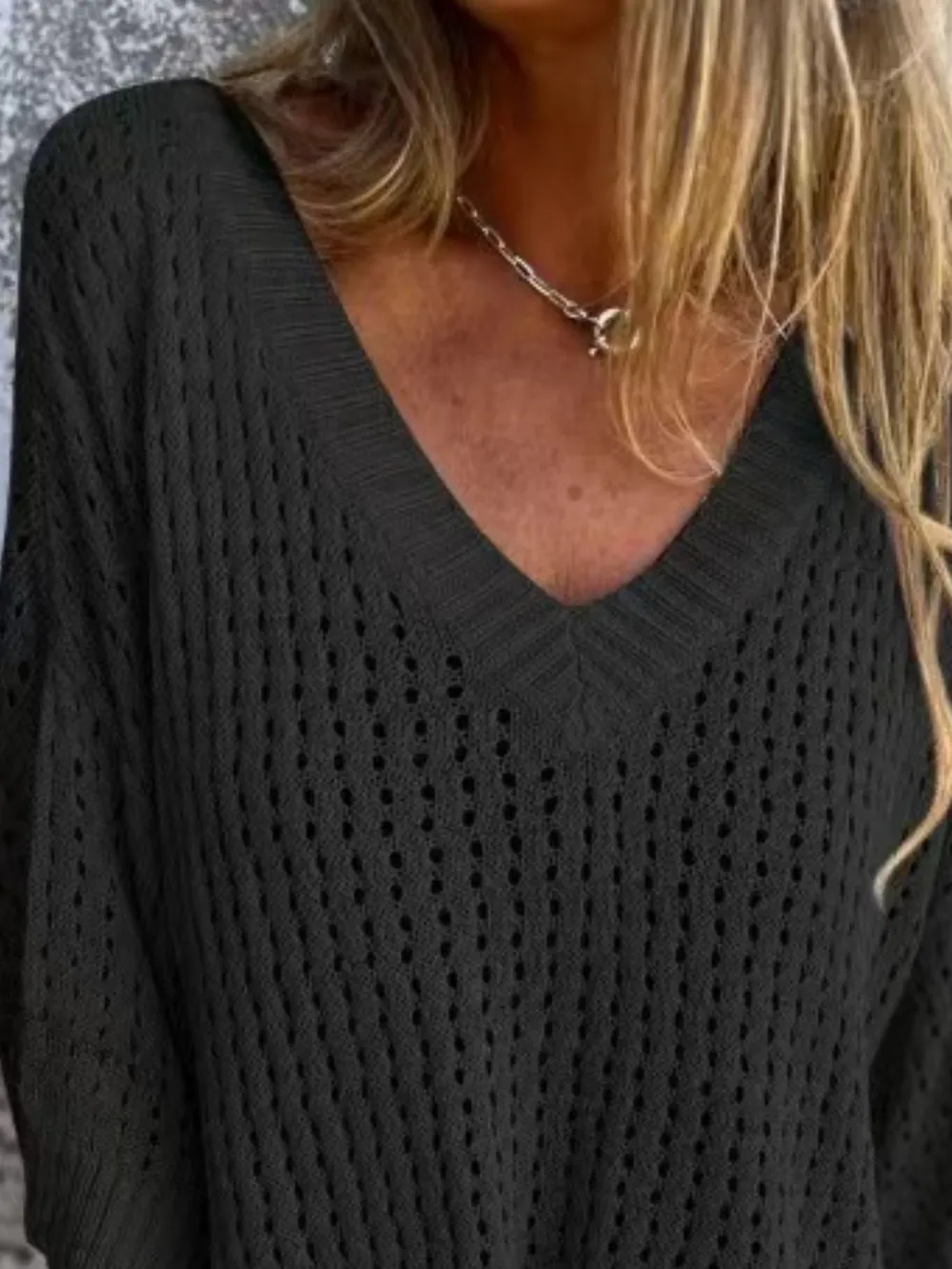 Full Size Openwork V-Neck Knit Cover Up Plus Size, image 3