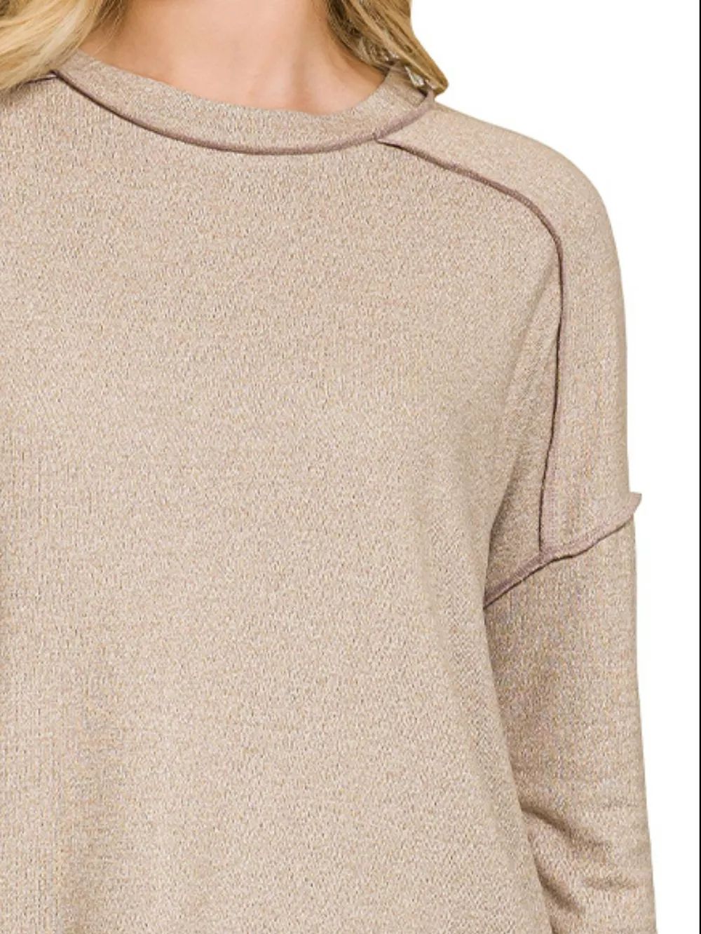 Full Size Melange Hacci Exposed Seam Hi-low Tee Plus Size, image 2