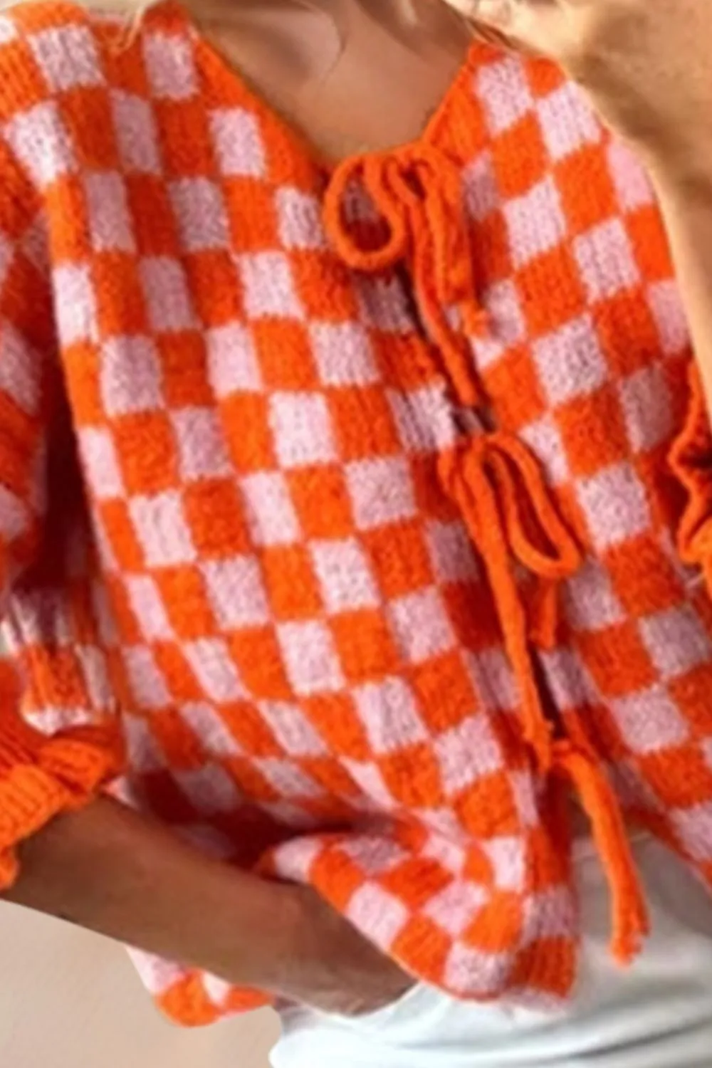 Tied Checkered Dropped Shoulder Flounce Sleeve Cardigan, image 2