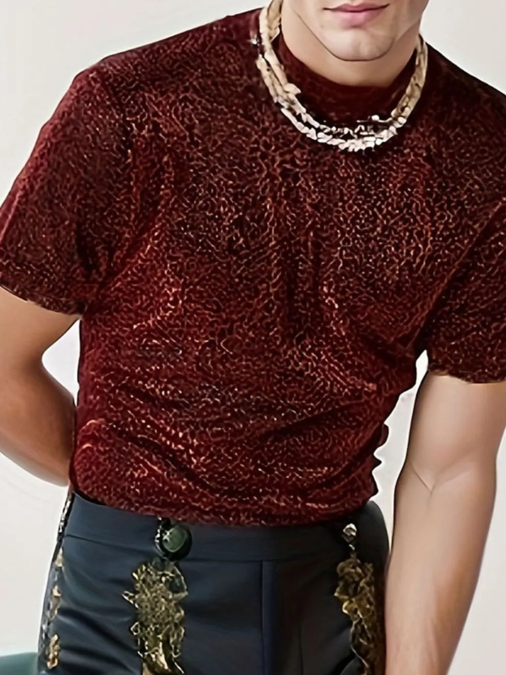 Men's Full Size Glitter Mock Neck Short Sleeve Top Plus Size, image 2
