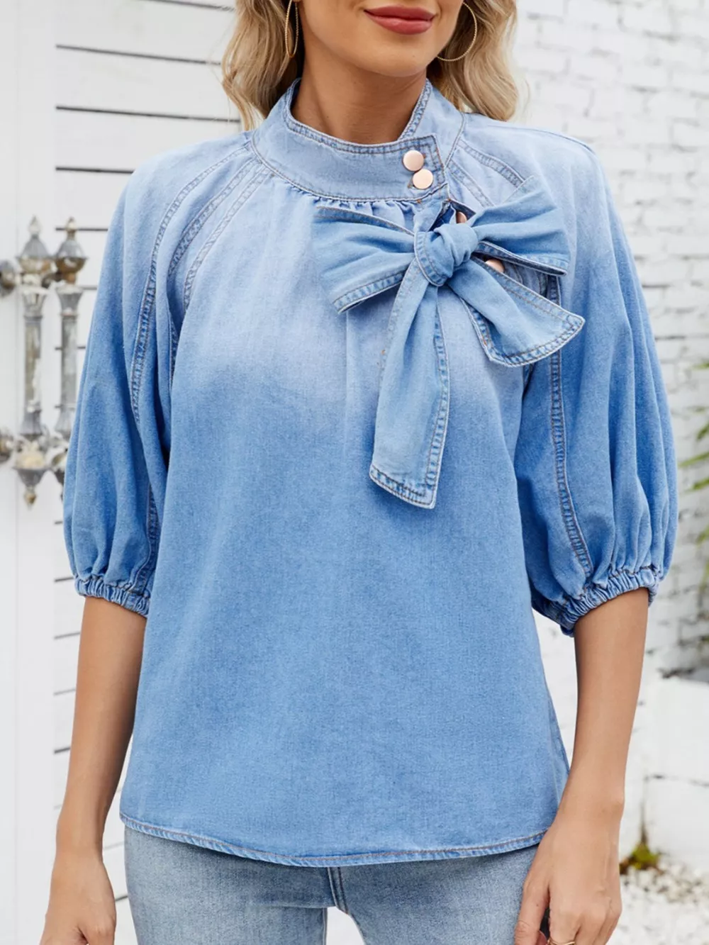 Bow Accent Puff Sleeve Denim Top, image 3