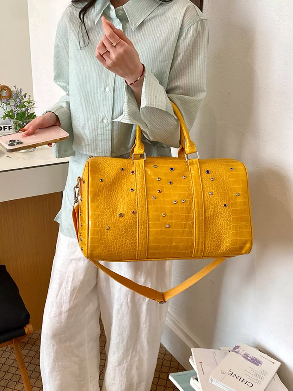 Crocodile Embossed Studded Travel Bag, image 2