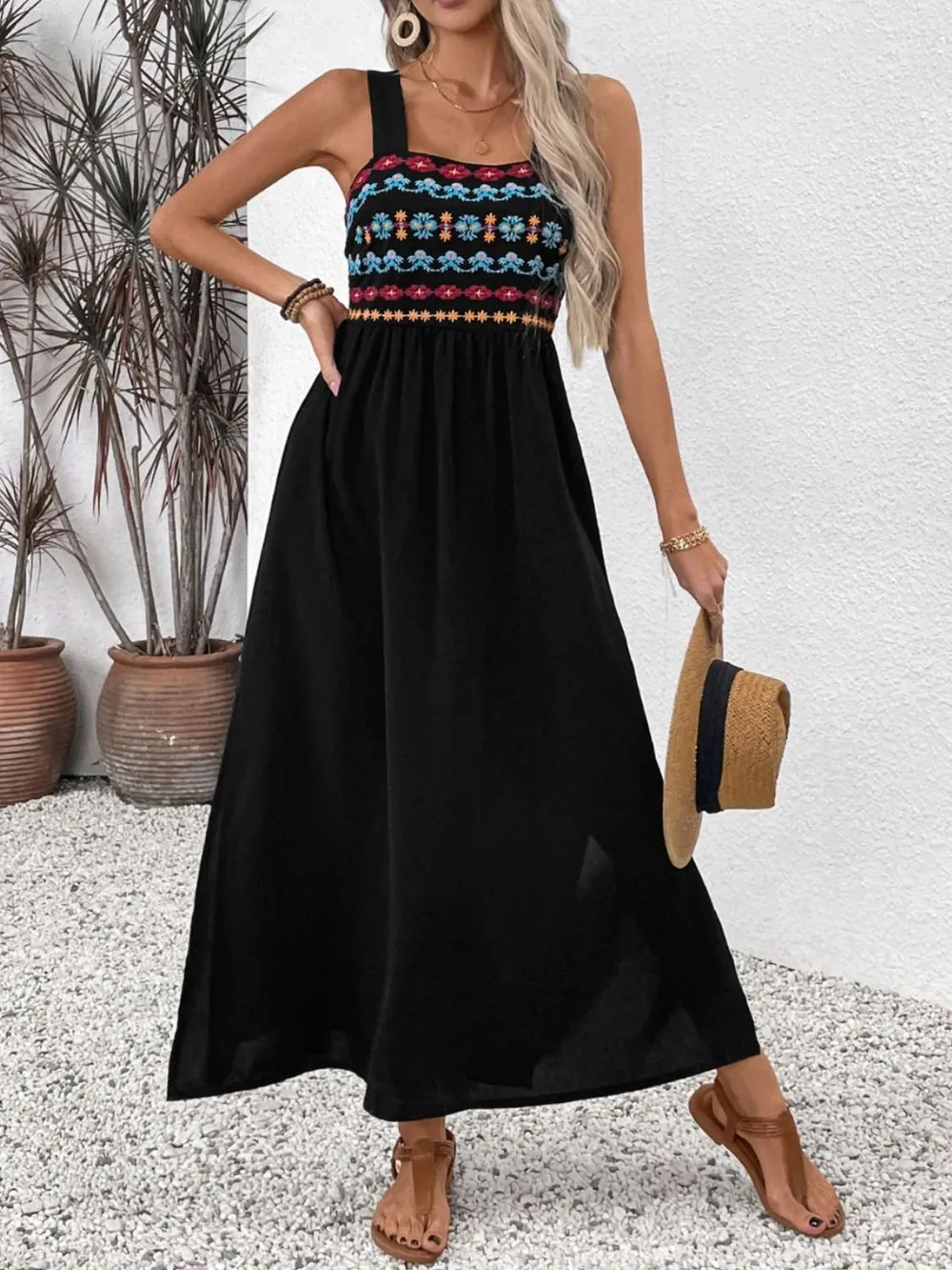 Embroidered Floral Side Slit Sleeveless Midi Dress, image 2